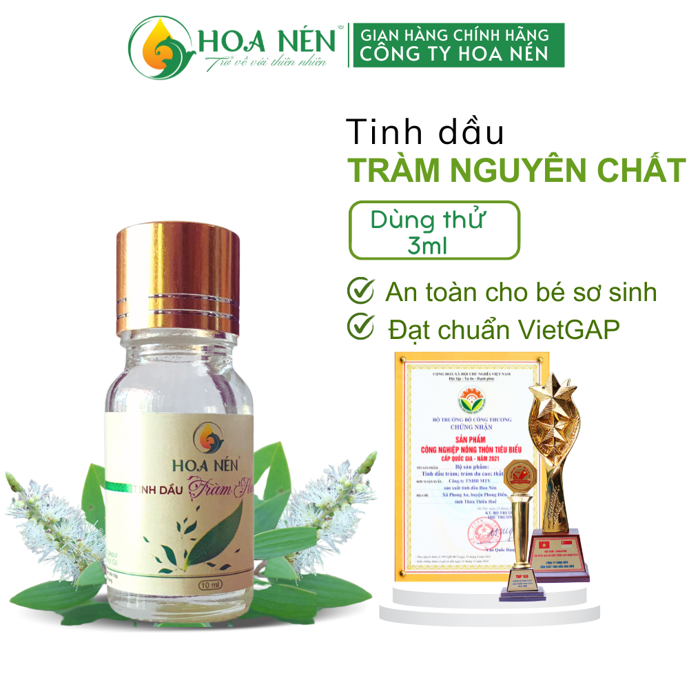 Tinh dầu Tràm Huế nguyên chất Hoa Nén 3ml- Vegan - Chuẩn VietGAP - An toàn mẹ và bé