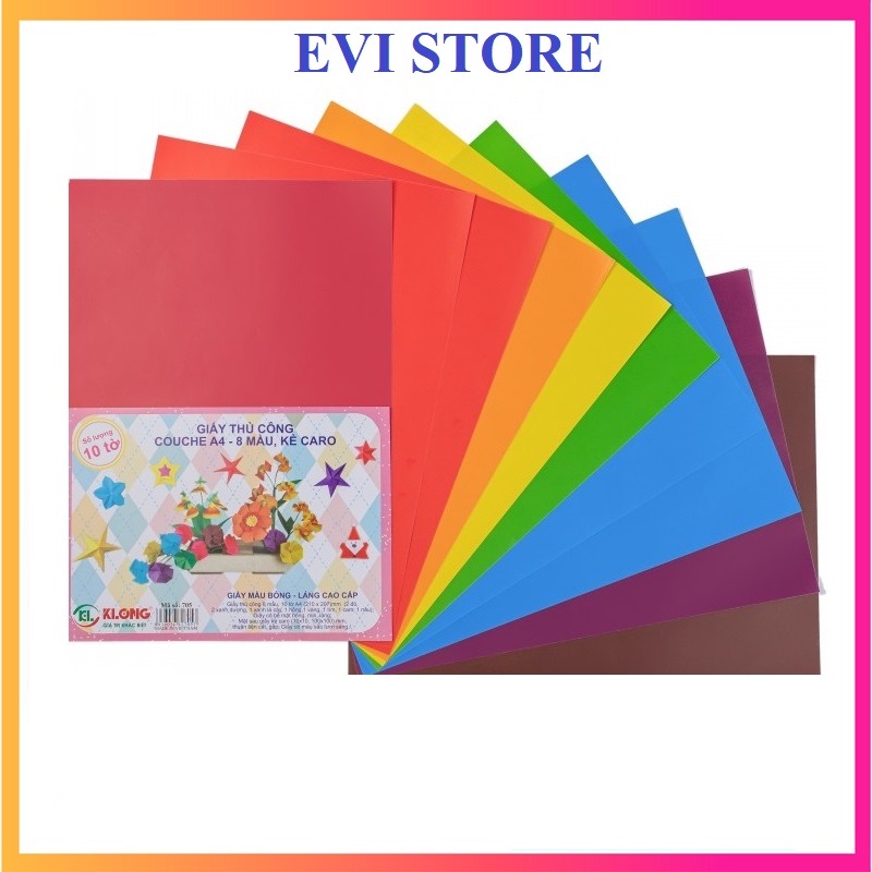 Giấy thủ công couche 8 màu kẻ caro khổ a4 klong 705 / tập 10 tờ giấy màu thủ công klong ms705
