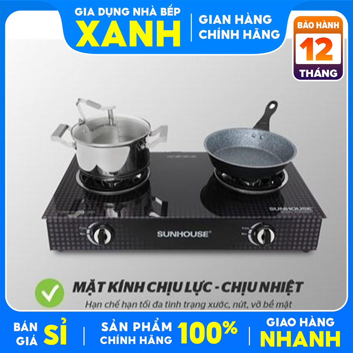 Bếp gas đôi tiết kiệm gas sunhouse shb3366mt chính hãng+tặng dây gas-cổ dê-đầu đốt bằng đồng siêu bền