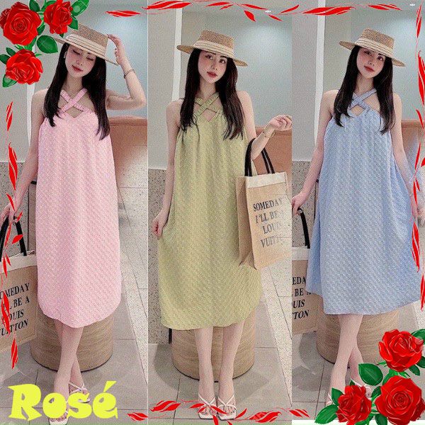 Đầm đũi suông, đầm maxi cổ yếm dự tiệc phối vai trần gợi cảm.tp