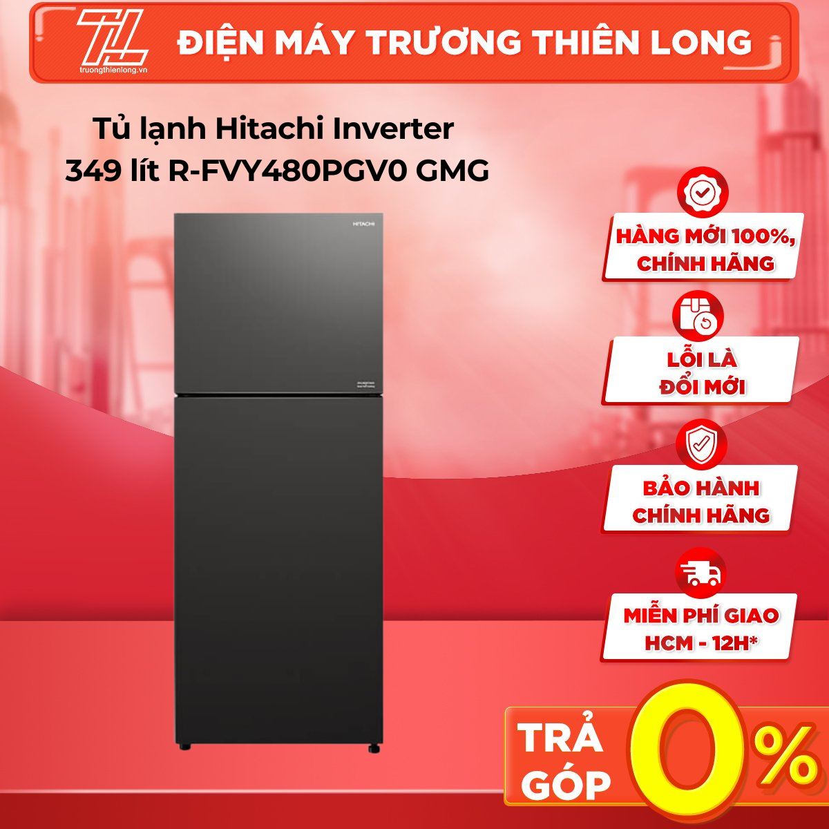 Tủ lạnh Hitachi Inverter 349 lít R-FVY480PGV0(GMG) - Khay thủy tinh chịu lực Làm đá tự động Đèn LED 