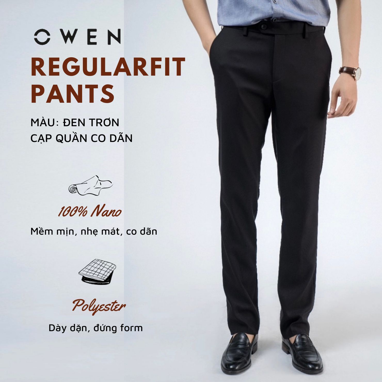 OWEN - Quần âu nam Owen màu ĐEN dáng Regularfit có cạp chun ẩn chất Polyester