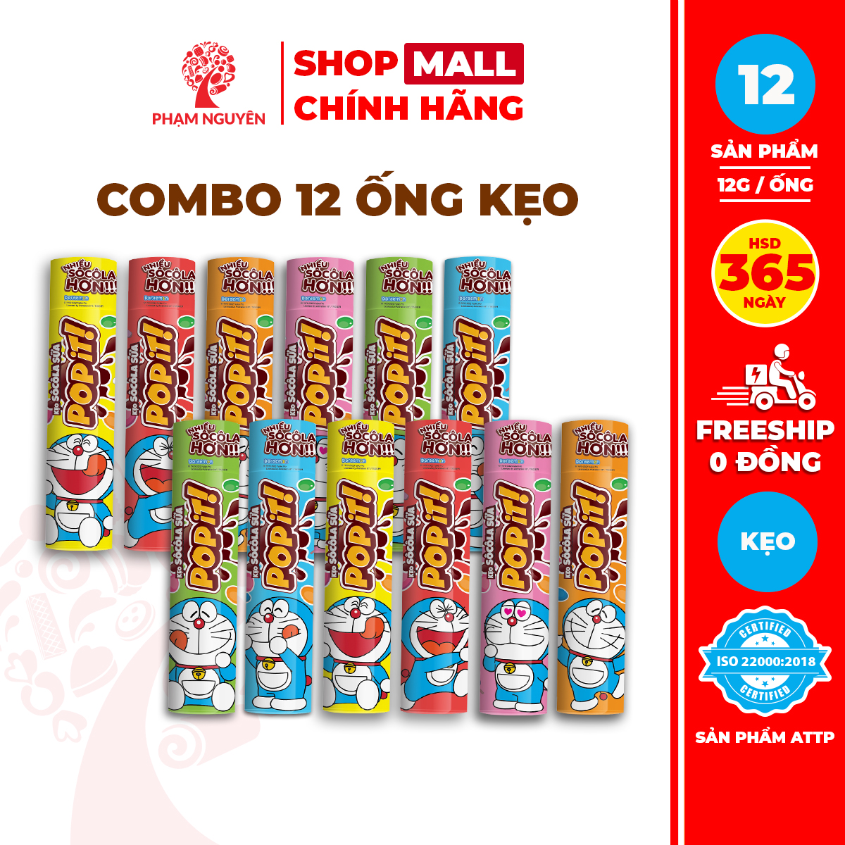 Combo of 12 Tubes of Popit Doreamon Milk Chocolate Candy, 12g Tube | Snacks