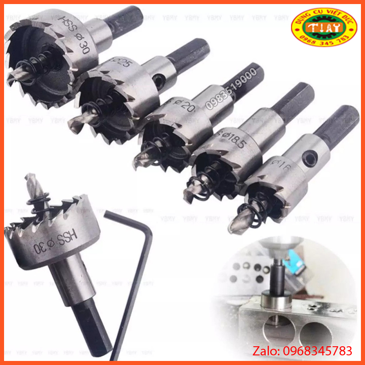 Bộ 5 Mũi Khoan Mũi Khoét Kim Loại Thép HSS hiệu Kapusi Có Mũi Định Tâm phi 16 18.5 20 25 30Mm
