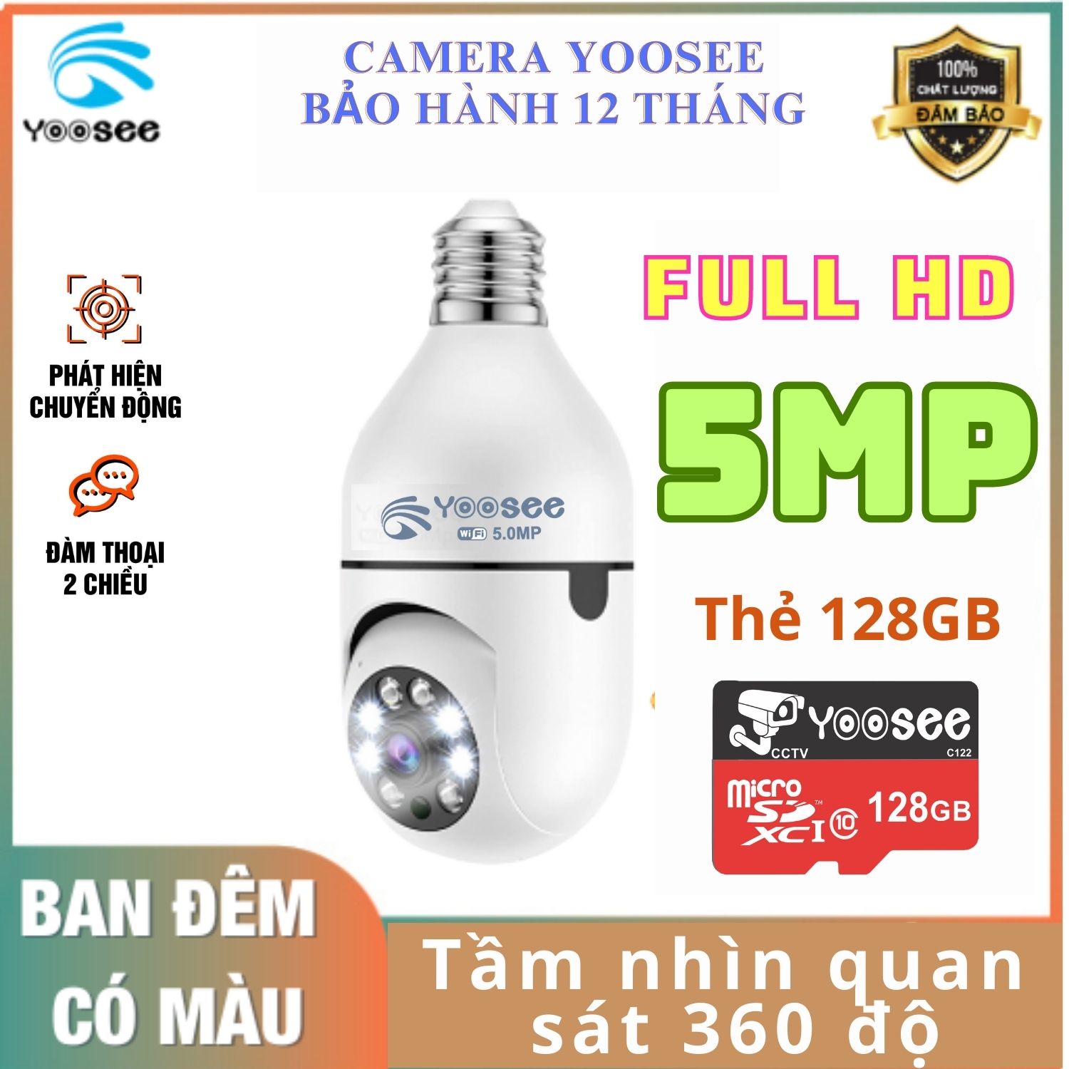 Camera Yoosee Bóng Đèn FHD 1080p kiểu dáng độc đáo xoay 360 độ hỗ trợ hồng ngoại và flash màu quay đêm BH 12 tháng lỗi 1 đổi 1