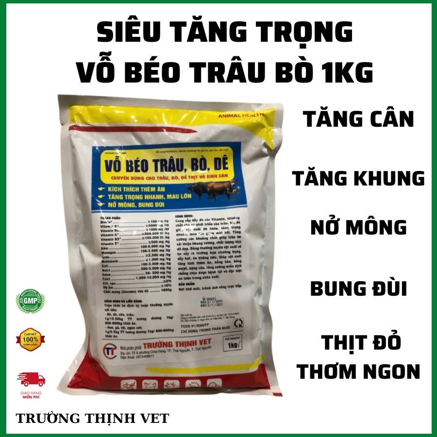  VỖ BÉO TRÂU BÒ DÊ gói 1kg tăng trọng nhanh bung mông nở vai hay ăn hay ngủ Thú y Trường Thịnh 