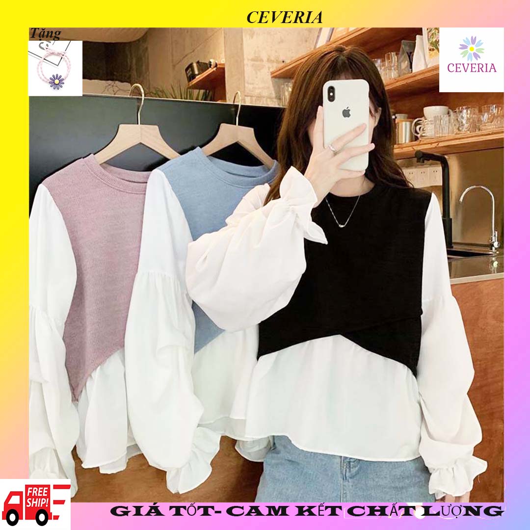 Áo dệt kim nữ mùa thu thời trang tay bồng giả sơ mi kiểu Hàn Quốc - Trẻ trung, đáng yêu,kiểu Hàn quốc hiện đại-cổ tròn, vải bông mềm- CEVERIA- áo nữ, áo len nữ, áo len thời trang, áo len giả sơ mi, áo hàn Quốc, áo thời trang