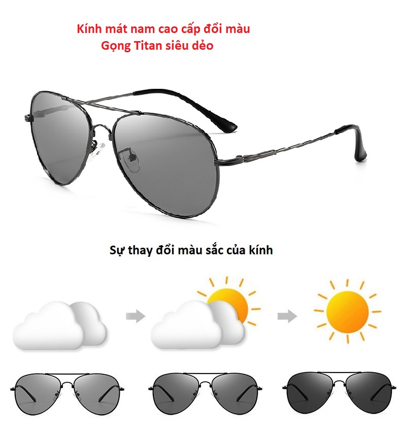 Kính mát nam cao cấp tròng đổi màu gọng titan siêu dẻo - KM86