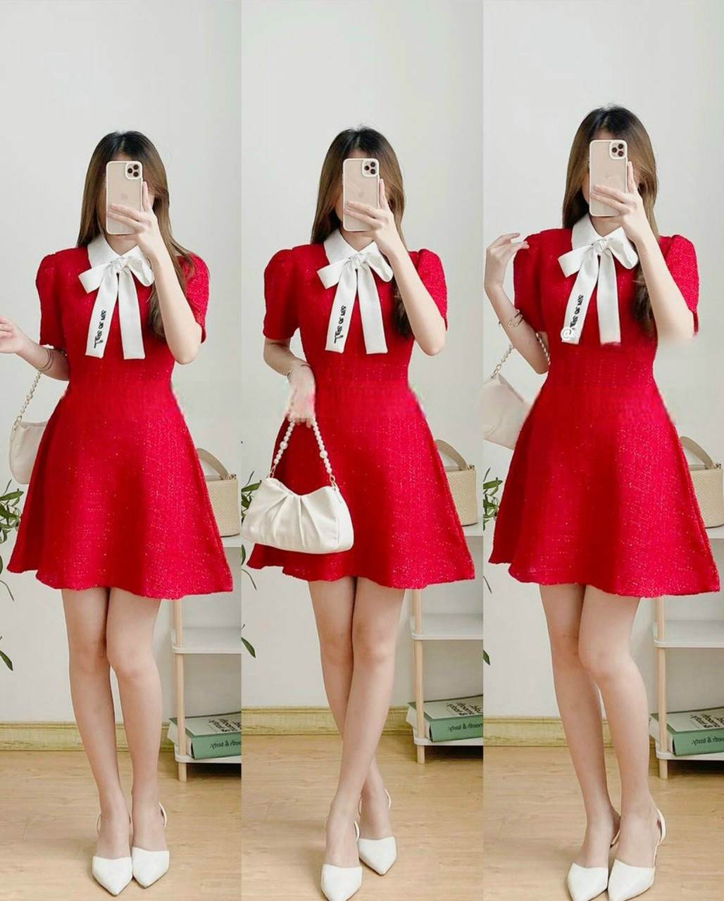 Đầm nữ kết nơ dự tiệc dáng xòe chất vải gân xước phối chéo nhung HARI