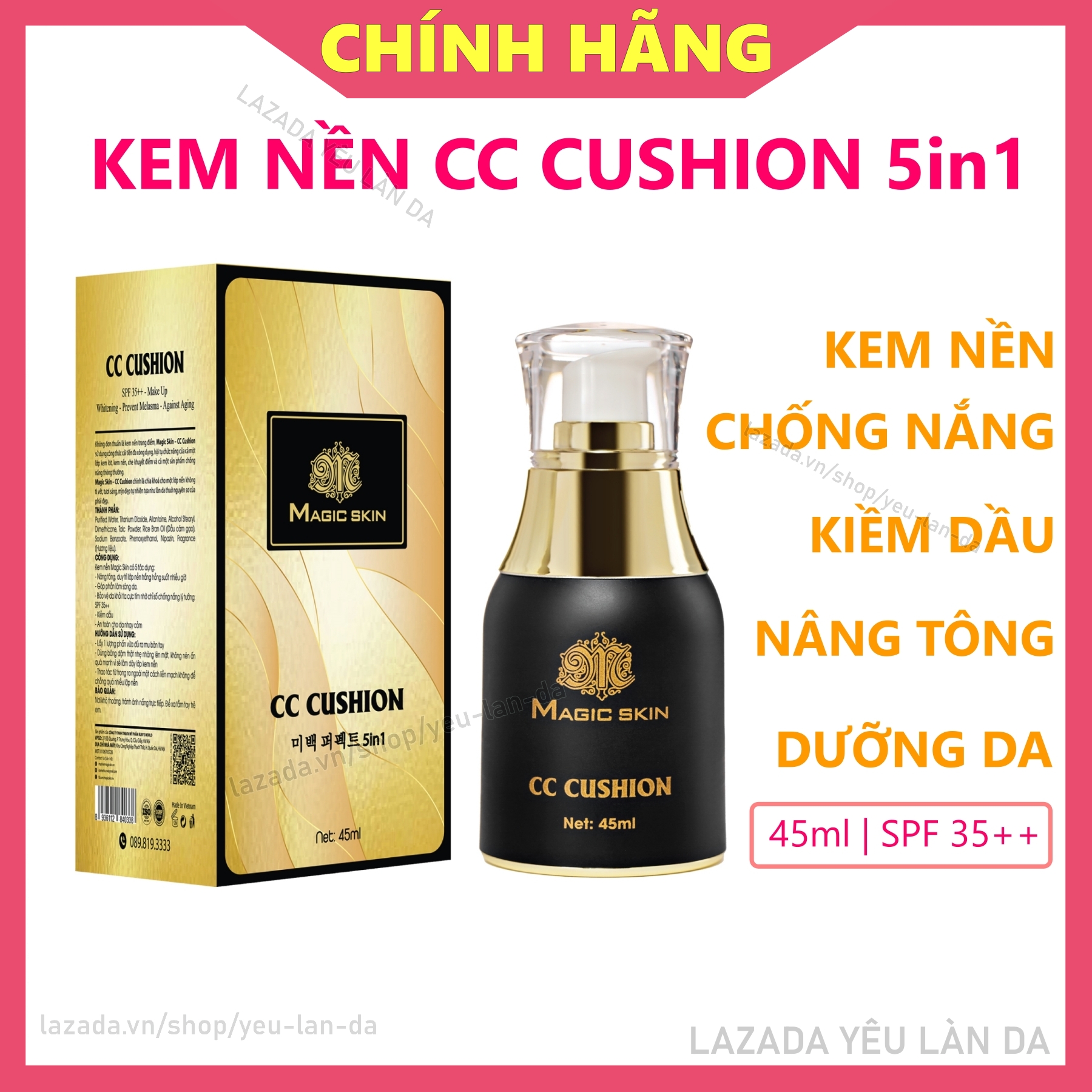 CC Cushion Kem Nền trang điểm, chống nắng dưỡng da Magic Skin Whitening Perfect 5in1 45ml (MỚI )