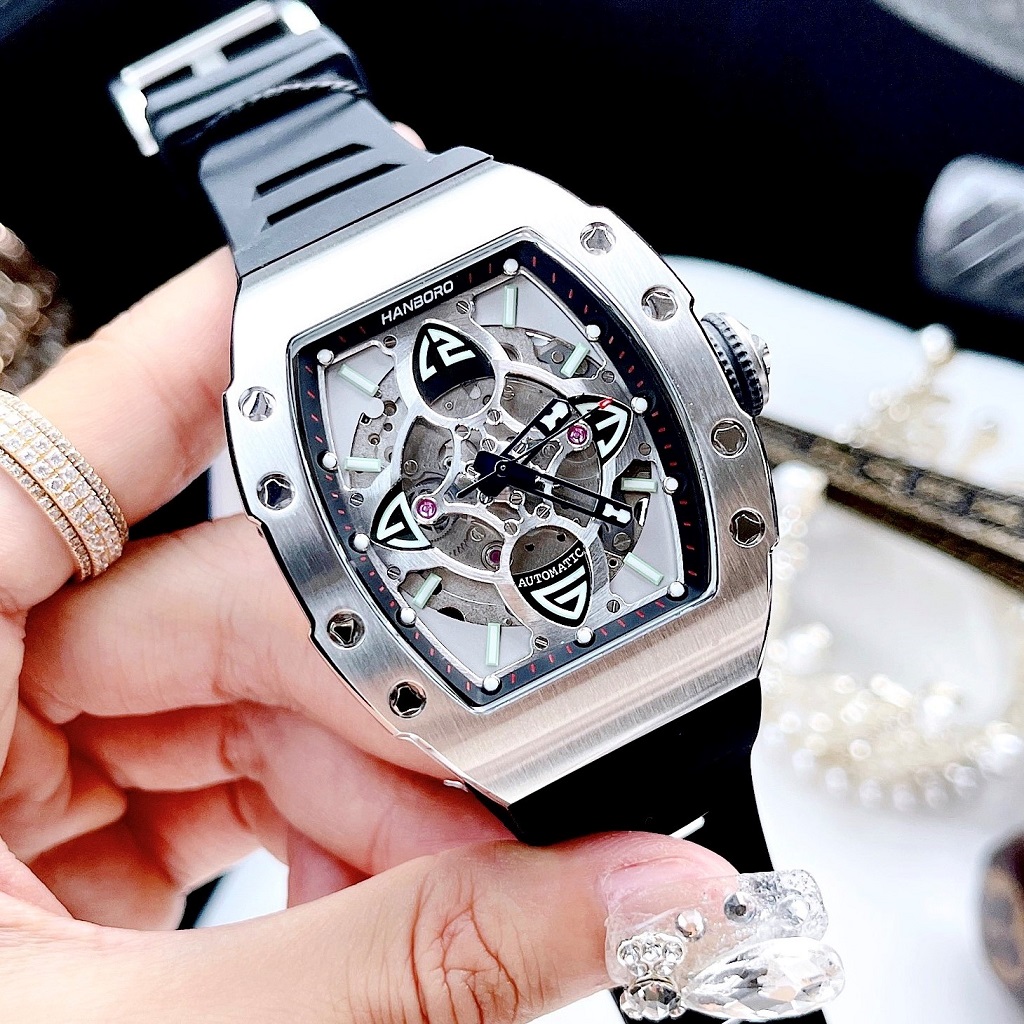 Đồng Hồ Nam Hanboro By Huboler Automatic Dây Silicon Đen Silver 40x48mm Chính Hãng