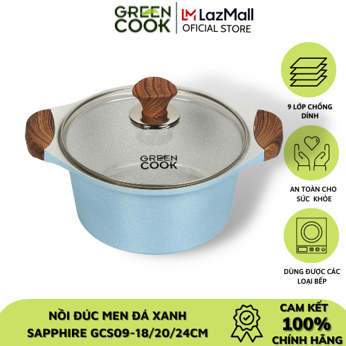 Nồi đúc men đá xanh Sapphire tay cầm chống bỏng 18-20-24cm Green Cook GCS09-18-20-24IH - Dùng cho mọi loại bếp - Gian hàng chính hãng greencook
