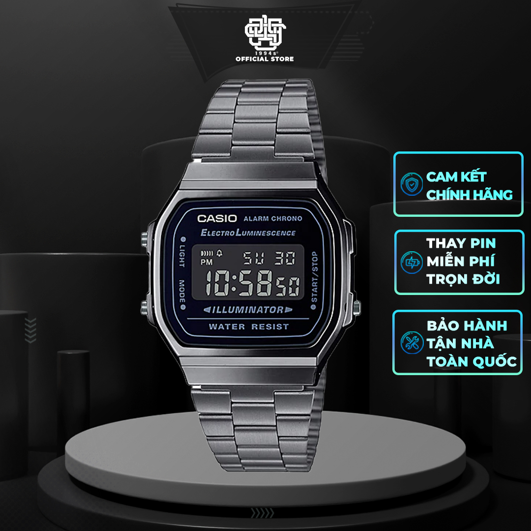  Đồng hồ unisex Casio A168   A168WGG-1B dây thép mạ ion màu xám chống nước 50m size 36mm hàng chính hãng 