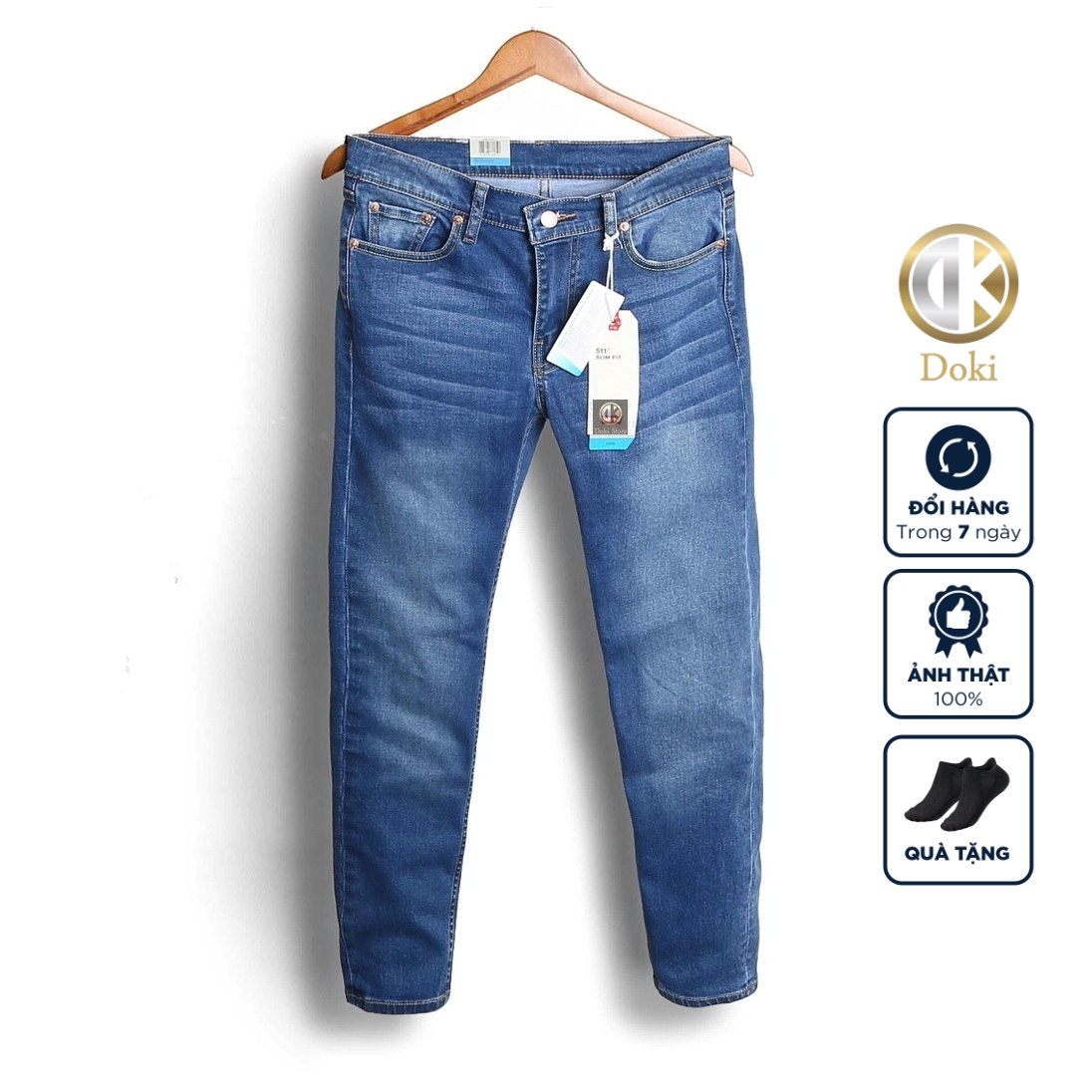 Quần jean nam xanh dương đậm DK-15 Quần bò nam dáng đứng, ôm nhẹ, chất vải co giãn, quần jean slimfit ống 17-18 - DK