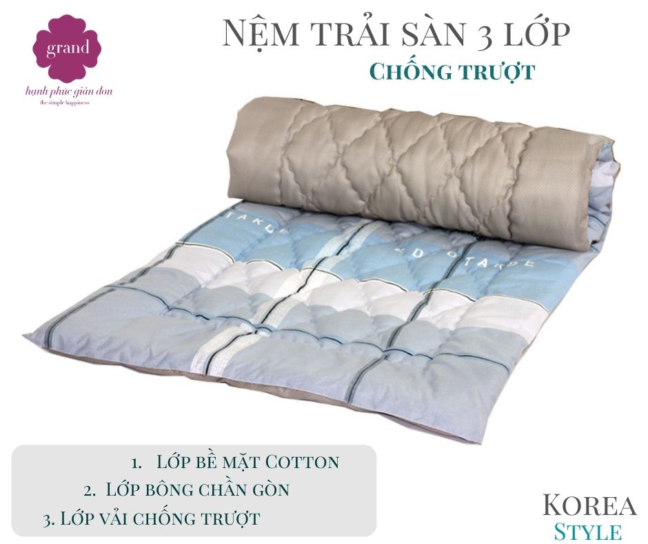 Nệm trải sàn chống trượt, 100% Virgin fiber, vải sateen, vải chống trượt, màu kẻ xanh