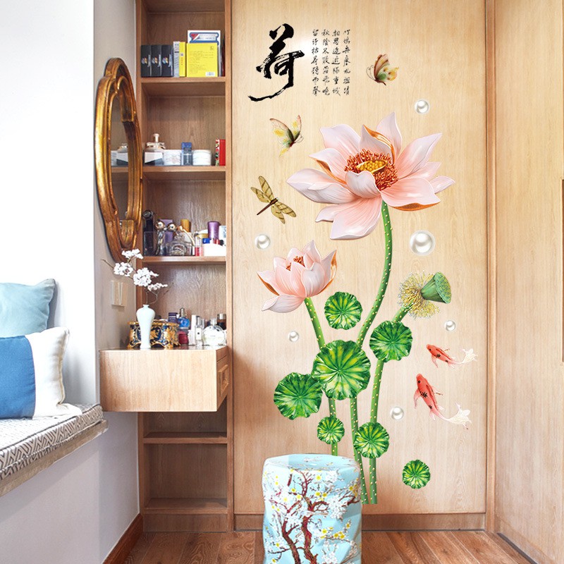 Decal dán tường Hoa sen mới tranh dán tường Hoa sen 3D sang chảnh