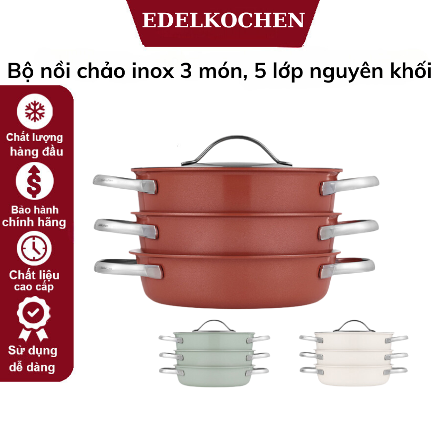 Bộ nồi chảo cao cấp 5 Lớp Edelkochen EDK-07PCS 20CM, phủ gốm kháng khuẩn bằng công nghệ phủ Artdios, inox 304, Bảo hành 3 năm