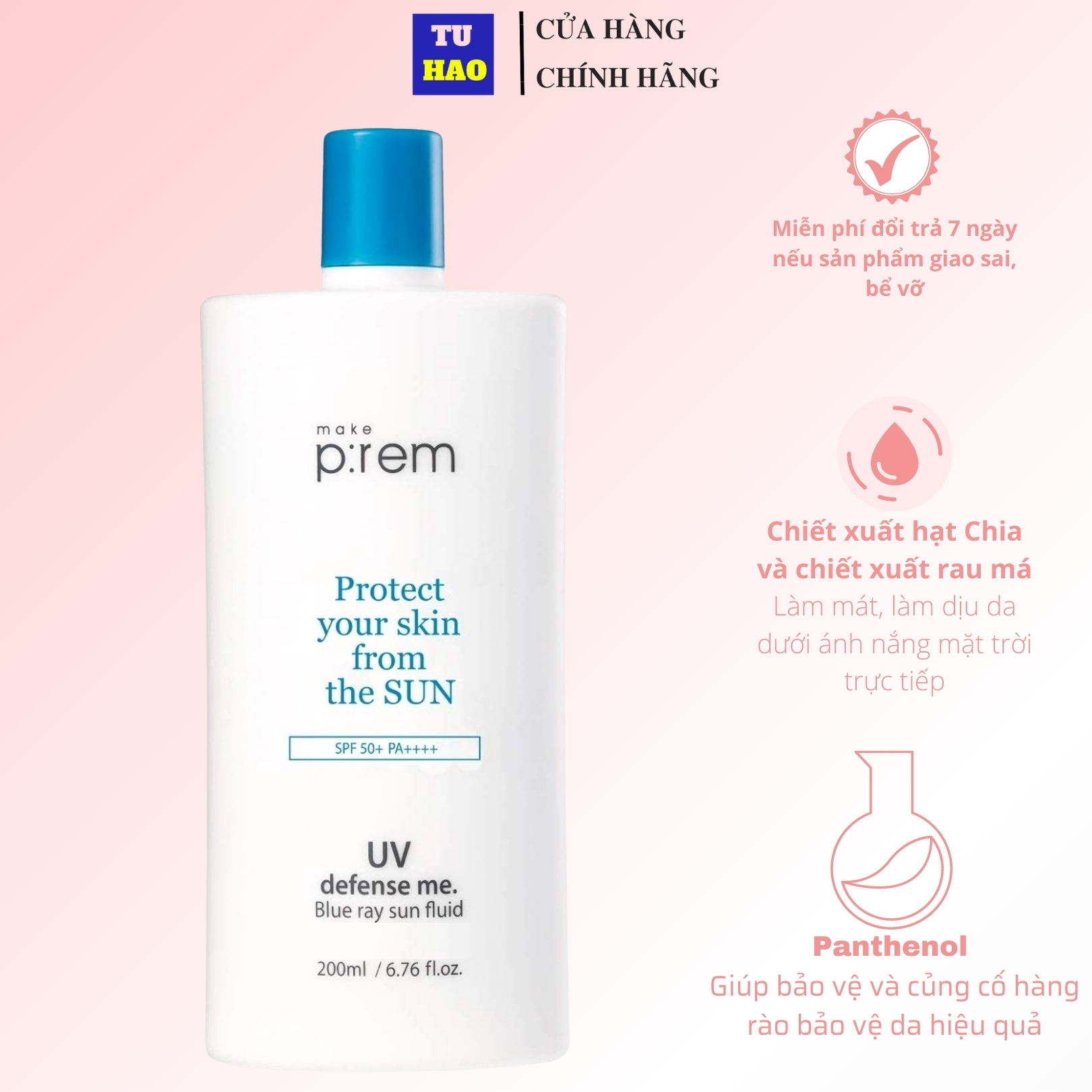 Sữa chống nắng vật lý make prem uv defense me. blue ray sun fluid spf 50+ pa++++ 200ml thương hiệu make p:rem