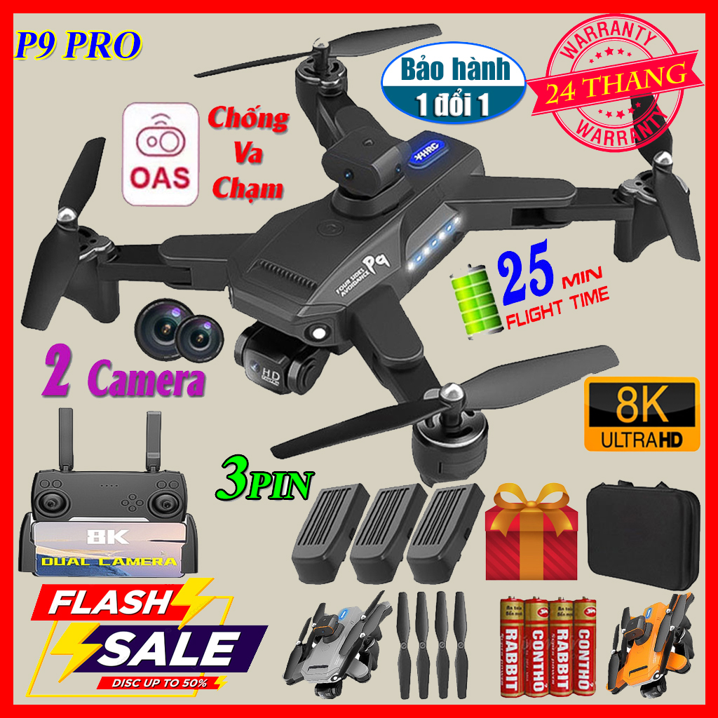 Flycam Mini Giá Rẻ Drone P9 Pro Max, Máy Bay Điều Khiển Từ Xa 4 Cánh, Play Camera Cao Cấp 2 Camera 12MP, Pin Lithium 2500mAh bay 25-30 Phút, Cảm Biến 4 Chiều, Chống Rung, Tránh Va Chạm.