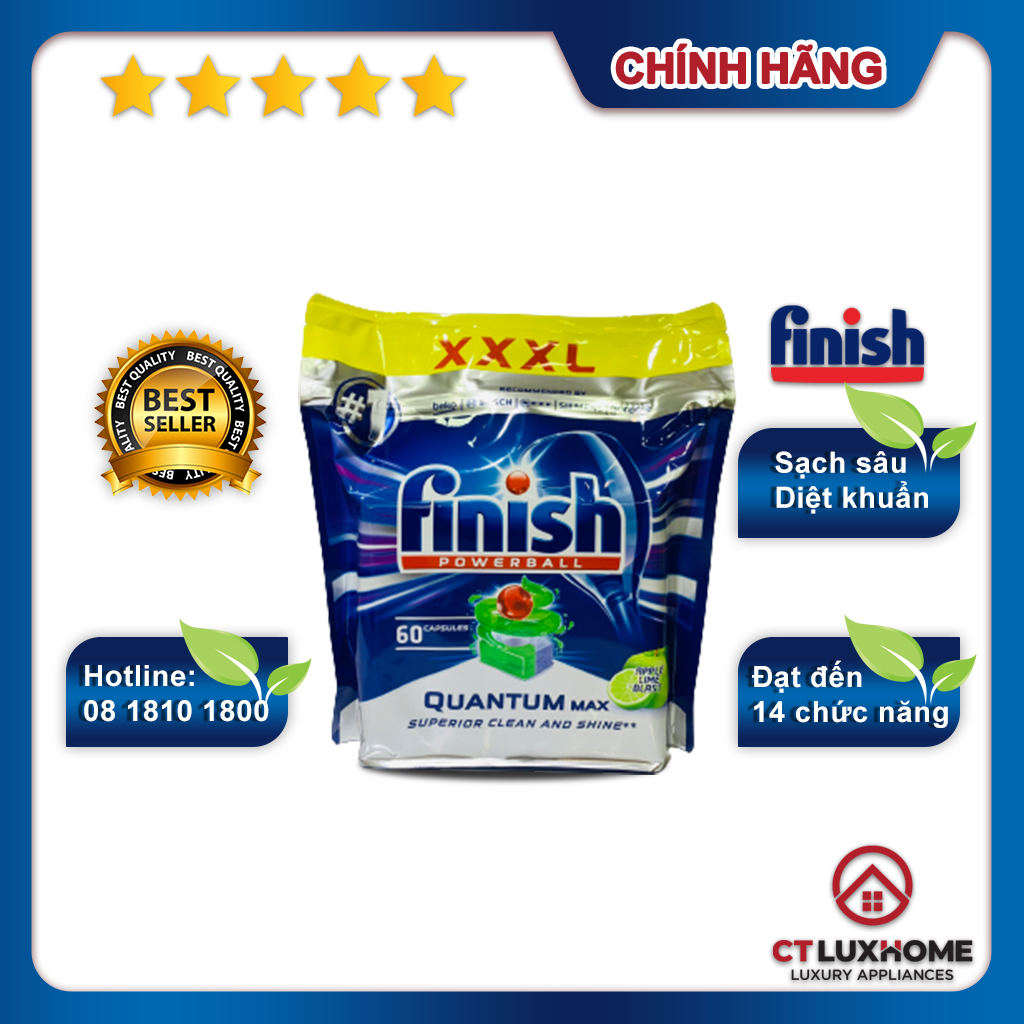 Viên rửa chén bát Finish Quantum Max 60 viên hương táo chanh