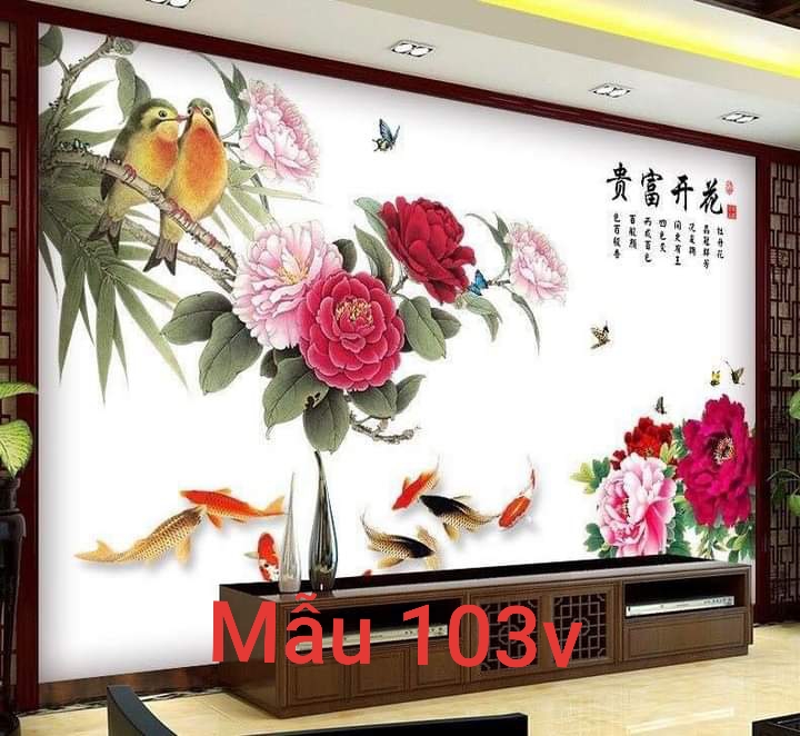 tranh dán tường hoa mẫu đơn đỏ.1m2x3m