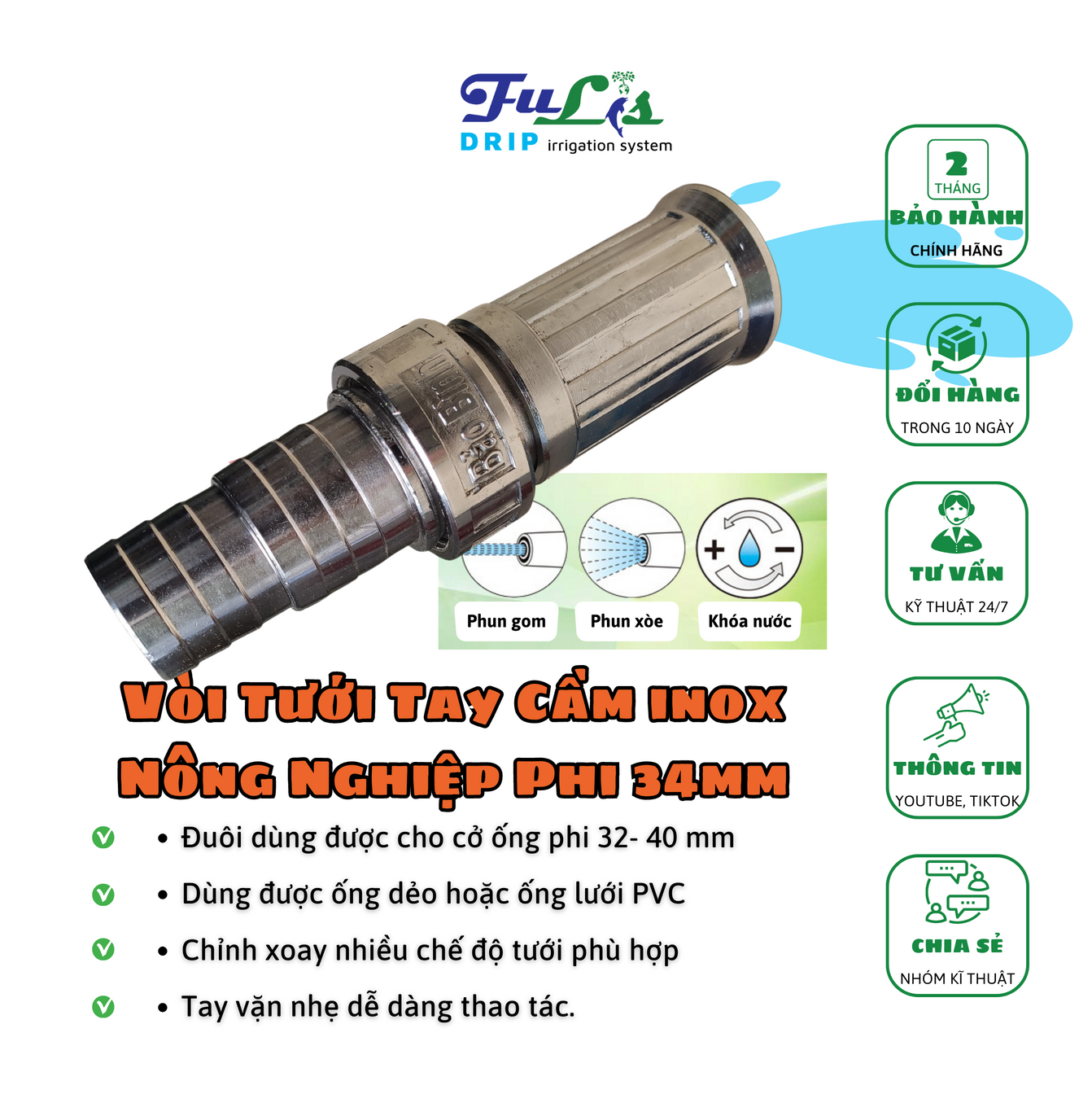 Vòi Tưới Cây Làm Vườn Thanh Long Nông Nghiệp Tay Cầm Inox Phi 34-40 Cho Nhà Vườn, Nông nghiệp, Sân Vườn - Fulis