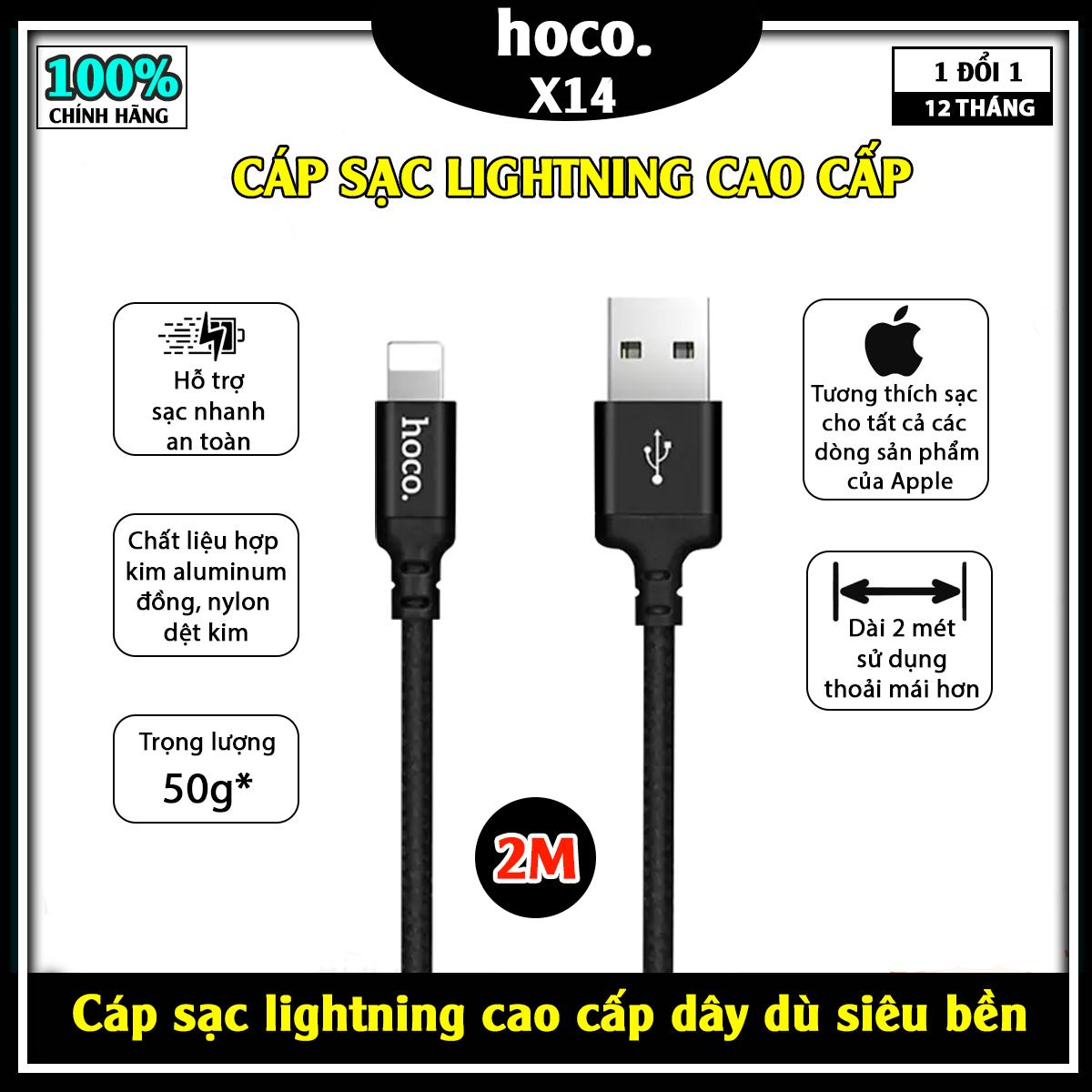 Dây cáp sạc nhanh lightning dài 2m loại tốt hàng chính hãng hoco x14 dùng cho điện thoại iphone, máy tính bảng ipad của apple, dây bọc/bện vải dù siêu bền chống rối, hai đầu bọc kim loại chống đứt, gẫy tiện dụng trong gia đình, văn phòng.