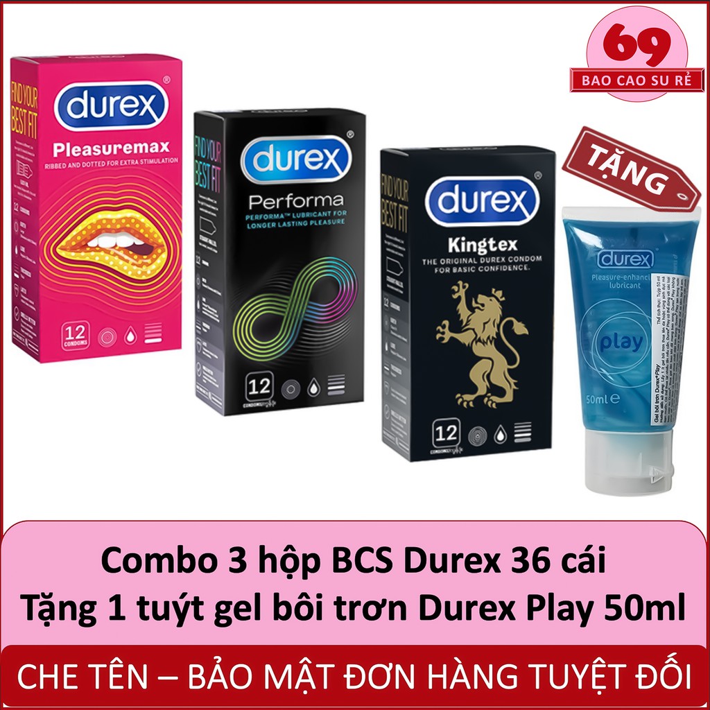 Combo 3 hộp bao cao su durex 36 cái tùy chọn + tặng kèm 1 tuýt gel bôi trơn durex play 50ml