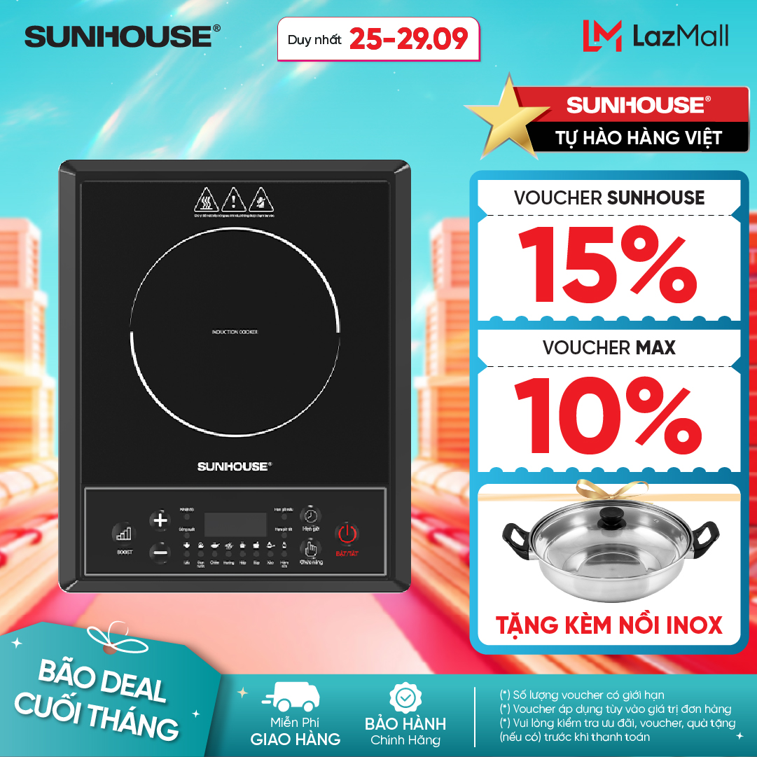 [NEW - TẶNG NỒI INOX CÓ SẴN] Bếp từ đơn Sunhouse SHD6154 - Công suất 2000W - 8 chế độ nấu - 10 mức nhiệt - Chế độ hẹn giờ - Bảo hành 12 tháng