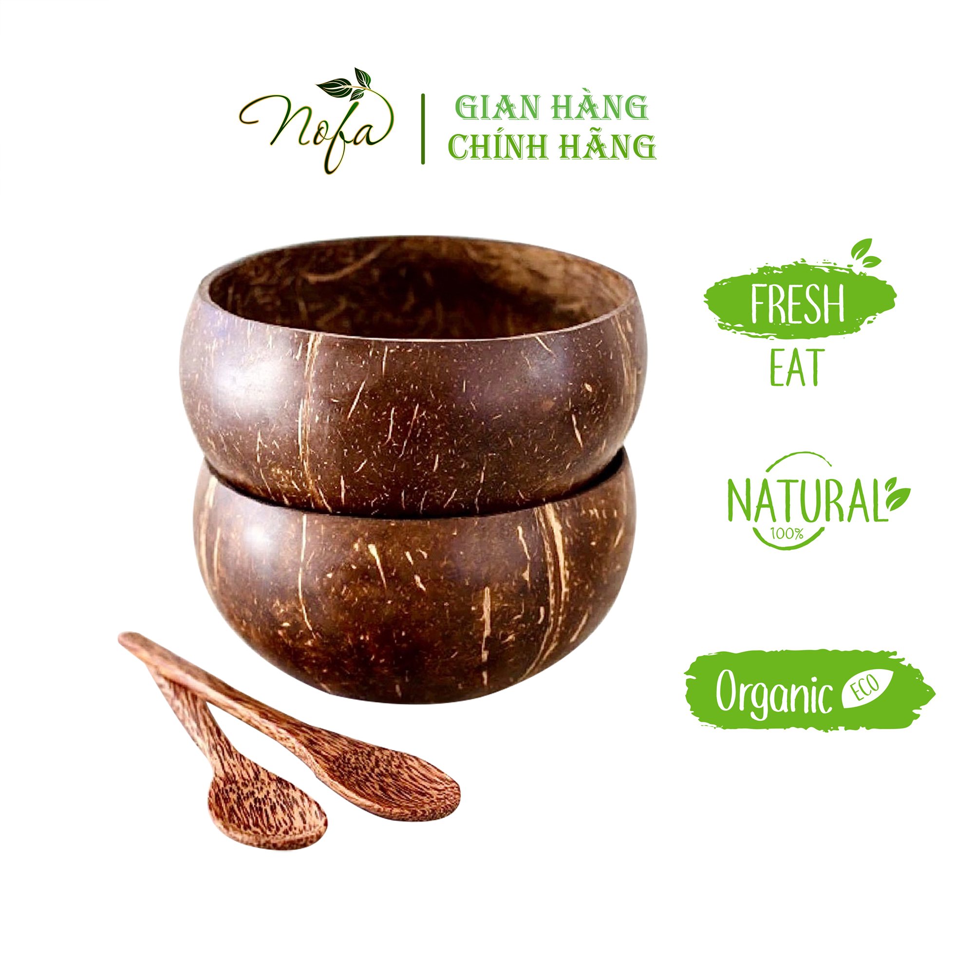 Bộ chén gáo dừa kèm muỗng cao cấp dùng ăn salad, hoa quả, ăn ngũ cốc granola healthy.