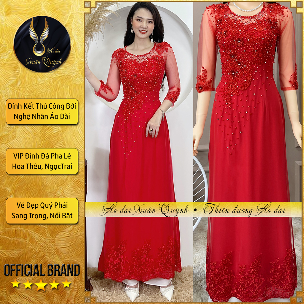  Áo Dài Dạ Hội Đính Kết Pha Lê Ngọc Trai Hoa Thêu M03 Đỏ Tươi- Áo Dài Xuân Quỳnh 