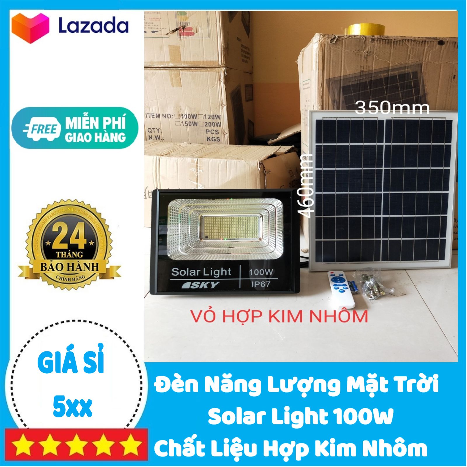 Đèn năng lượng mặt trời 100W- Vỏ nhôm kính cường lực | BẢO HÀNH 2 NĂM | Đèn sáng 10-12h, Có Remote thông minh
