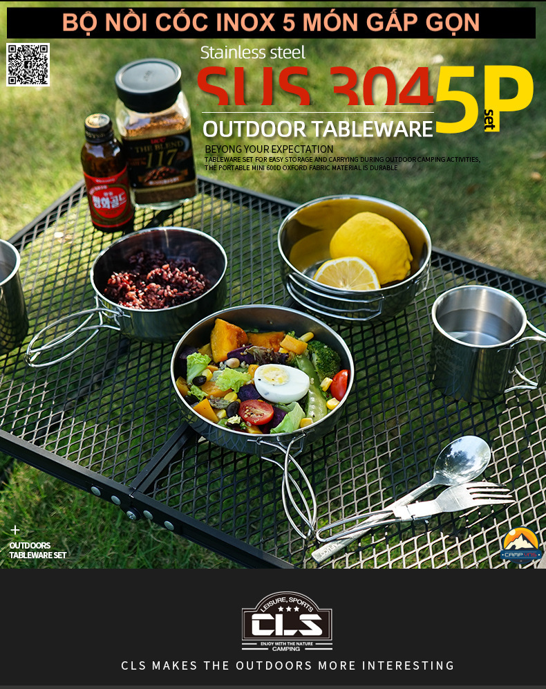 Bộ nồi inox gấp gọn 5 món Camel (Nhật Bản) loại dày cắm trại dã ngoại du lịch