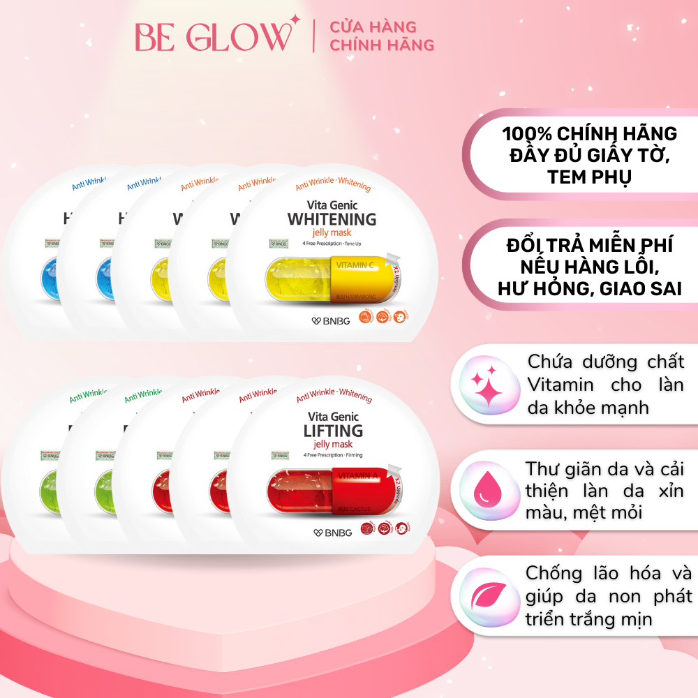 Combo BNBG mix 10 mặt nạ giấy cấp ẩm, sáng da Vita Genic Jelly Mask 30ml x10 (Lifting, Whitening, Relaxing, Hydrating) - Be Glow Beauty