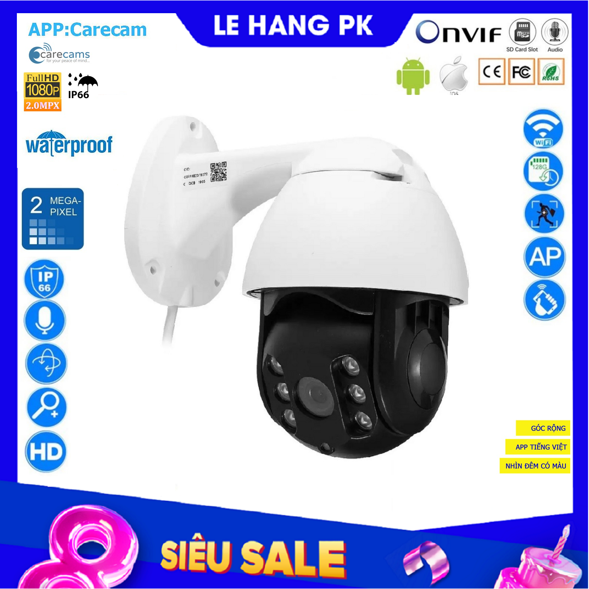 [HCM]Camera Quan Sát Ngoài Trời IP Wifi Không Dây CARECAM 19HS-200W Xem Siêu Nét Phân Giải 1920x1080p Quan Sát Ngày Đêm Chống Nước Xoay Theo Chuyển Động Lưu Trữ Dài