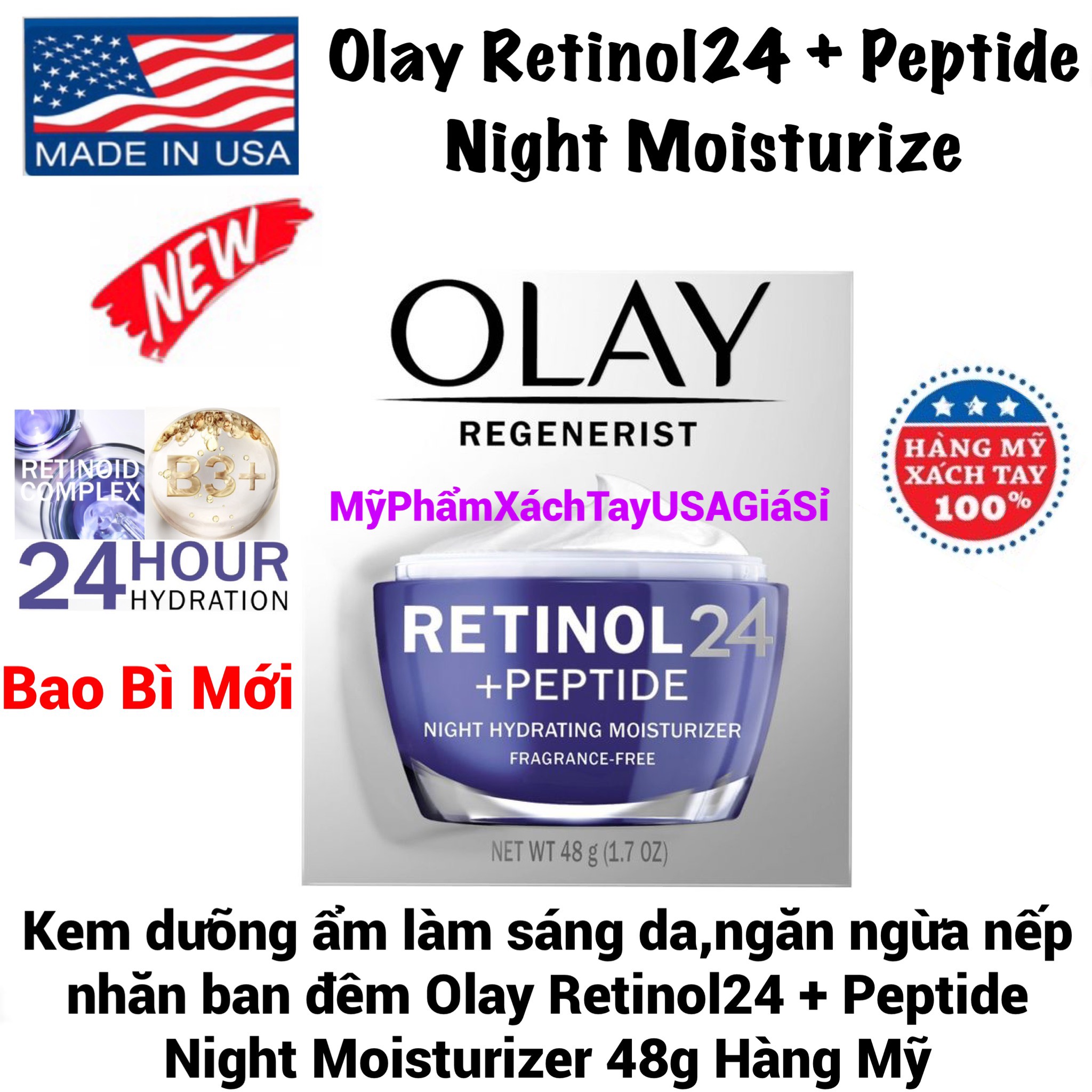 Kem dưỡng cấp ẩm ban đêm bổ sung vitamin B3 Olay Regenerist Retinol 24 USA