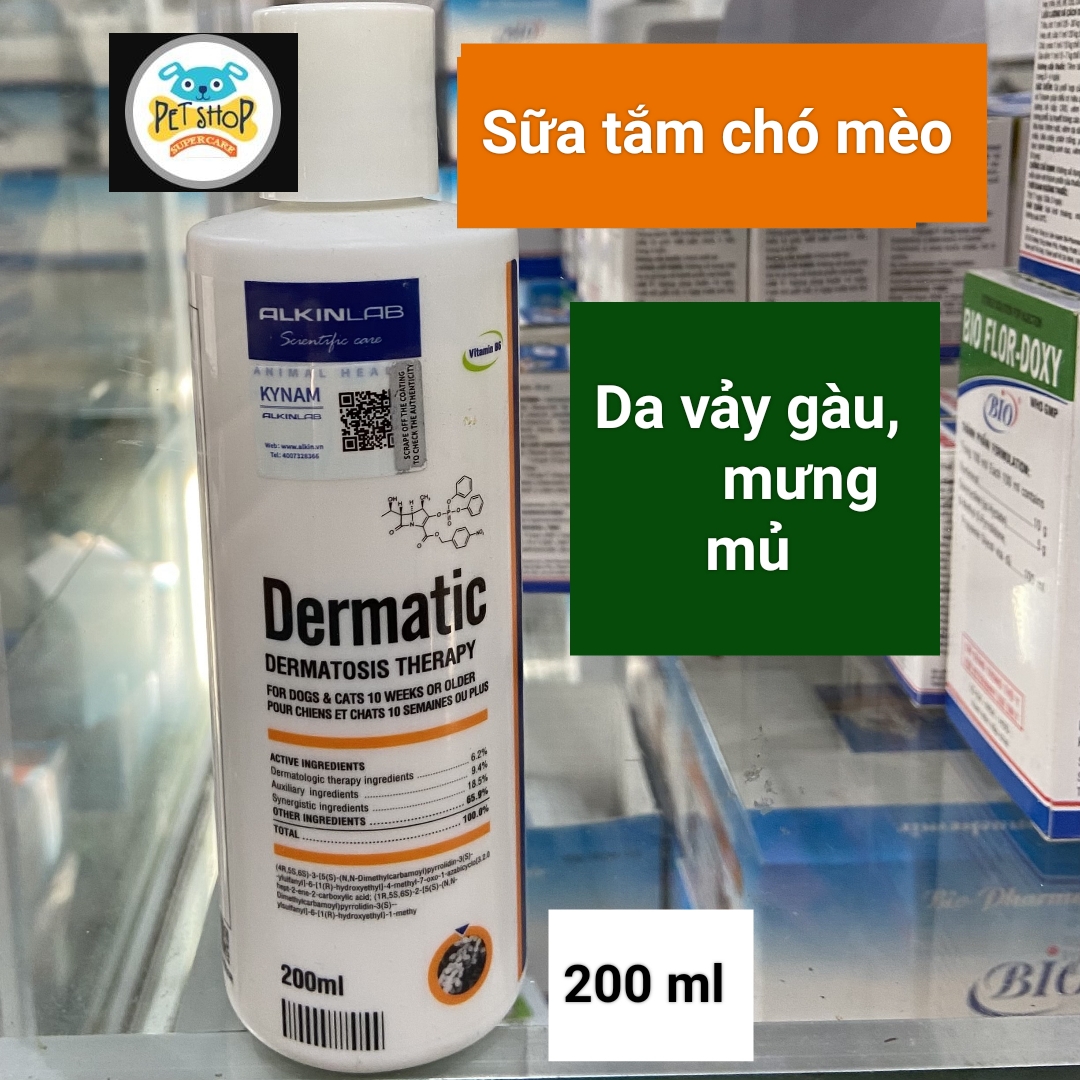 Alkin Dermatic 200ml - Sữa Tắm Chó Mèo Viêm Da Vảy Gàu Rụng Lông Da Mưng Mủ