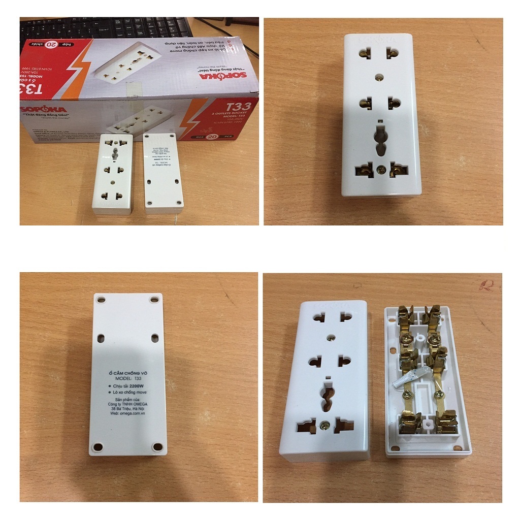 Ổ CẮM ĐIỆN 3 LỔ CẮM GẮN NỔI CHỐNG GIẢN CHỐNG VỠ SOPOKA T33