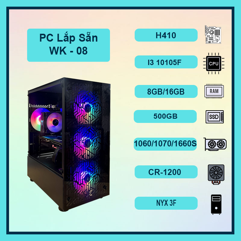 Thùng PC Gaming giá rẻ WK-08 Core i3 10105F, 16GB Ram, NVME 500GB, VGA  1060/1070/1660S Mới (BH 36T)