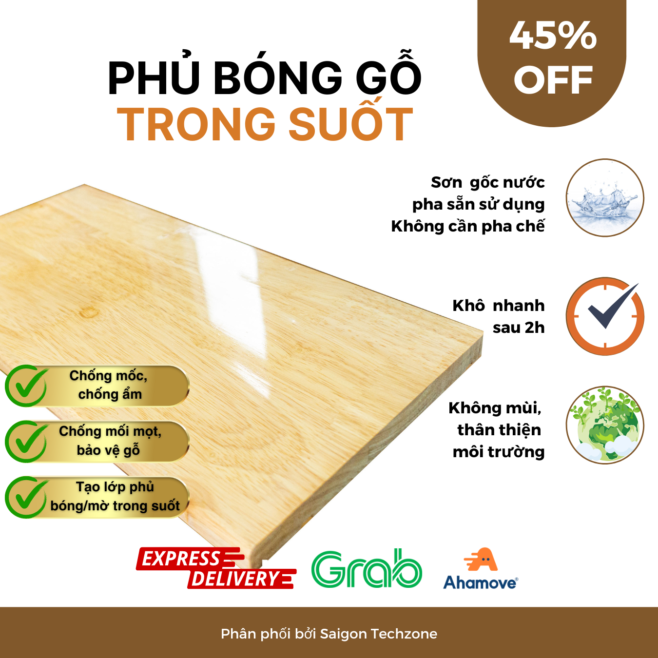 Sơn phủ bóng gỗ chống mốc, chống mối mọt, chống thấm bảo vệ gỗ trong suốt, độ bóng cao, không mùi, pha sẵn hệ nước, không cần pha dung môi
