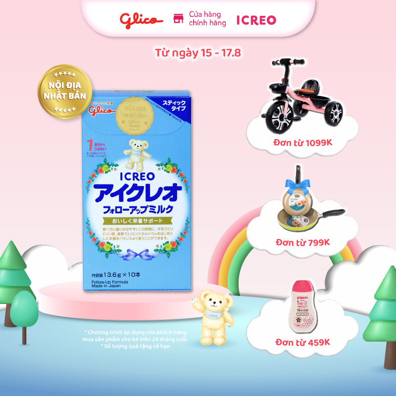 (CHỈ 15-17/8 MUA LÀ CÓ QUÀ| DH TỪ 459K-SLCH) Sữa dinh dưỡng Glico Icreo Follow Up Milk Stick Số 1 dành cho bé từ 9-36 tháng tuổi (13.6g x 10 thanh)