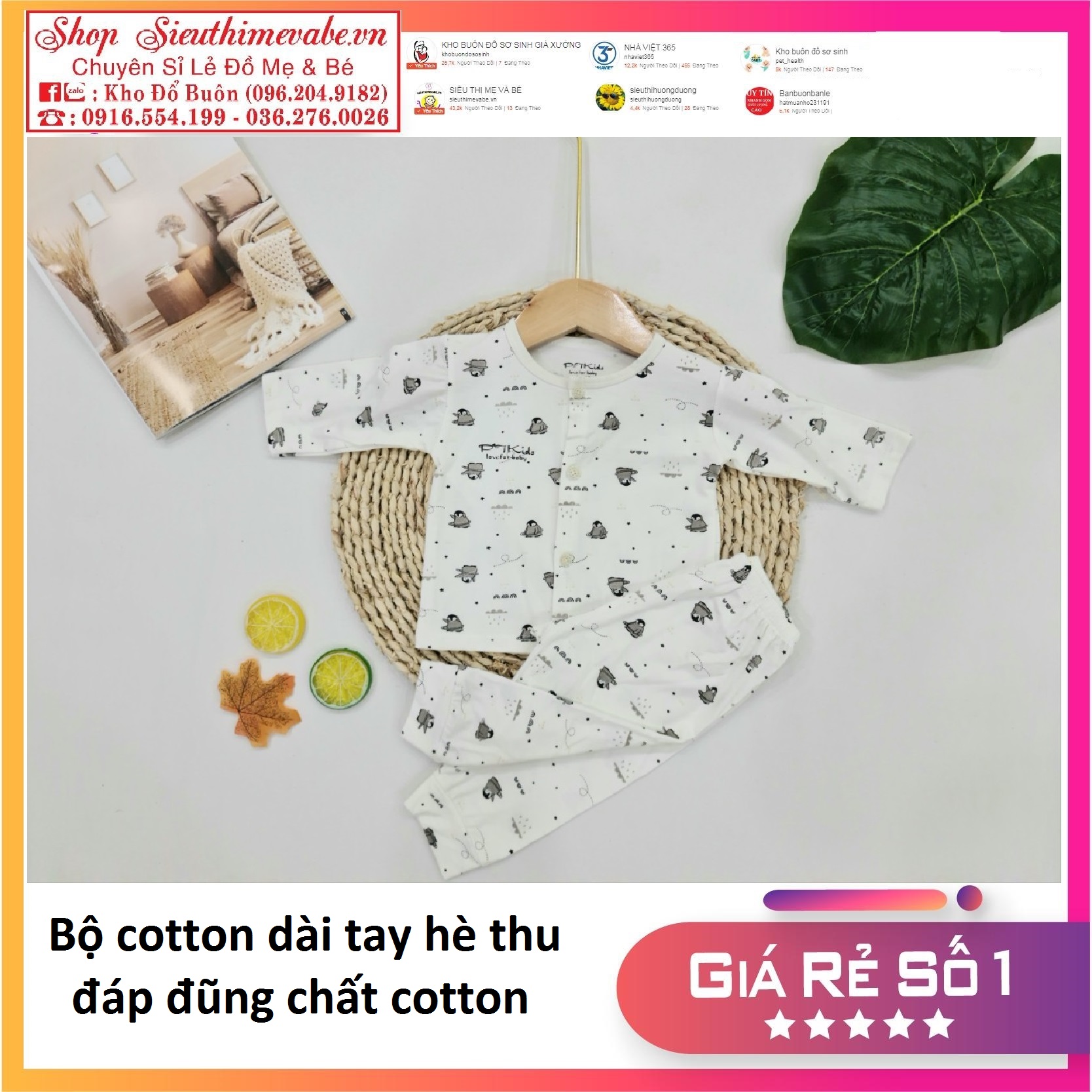 Bộ dài tay cài khuy giữa hè thu đáp đũng, chất cotton cho bé