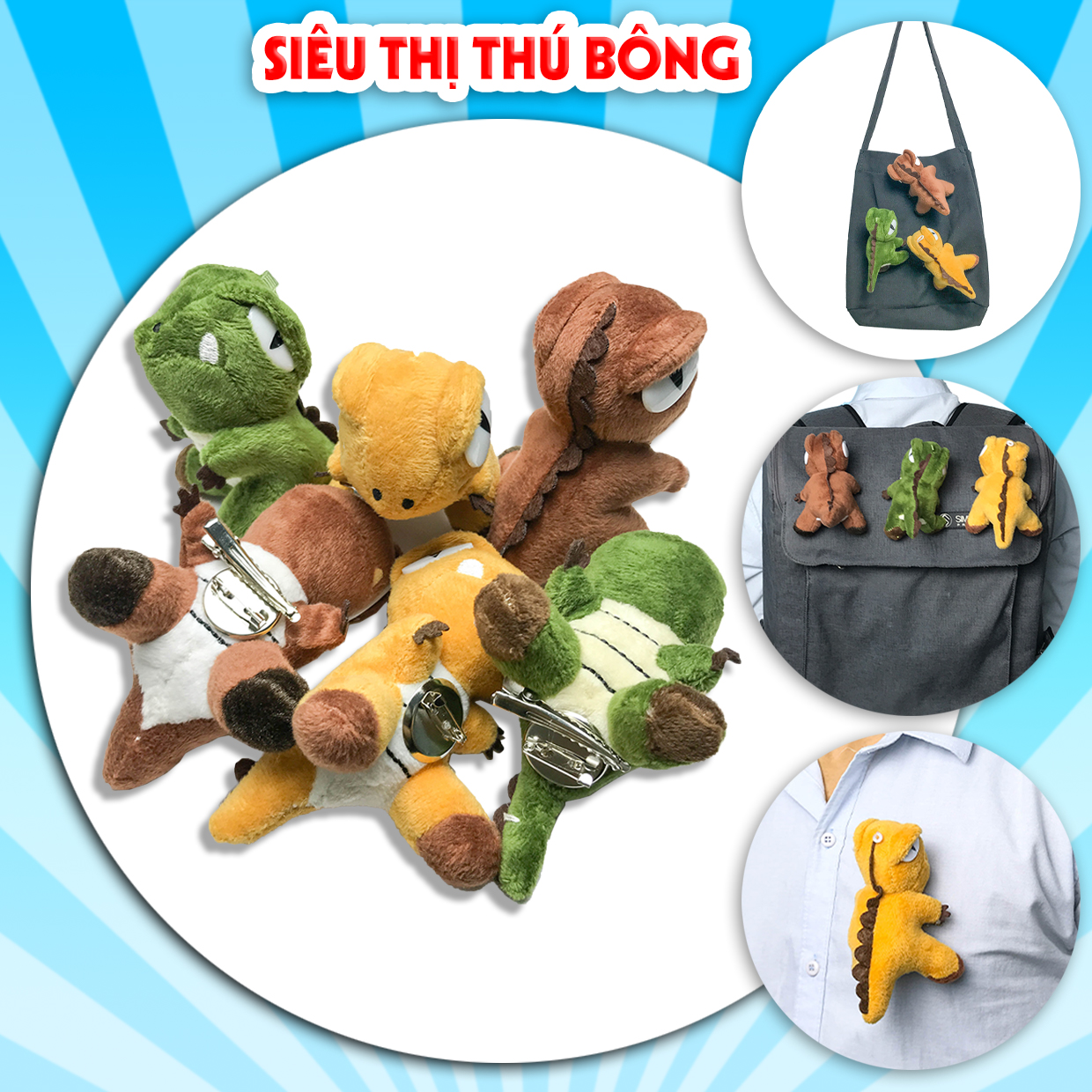 Ghim cài áo, balo khủng long nhồi bông (có kèm kẹp)