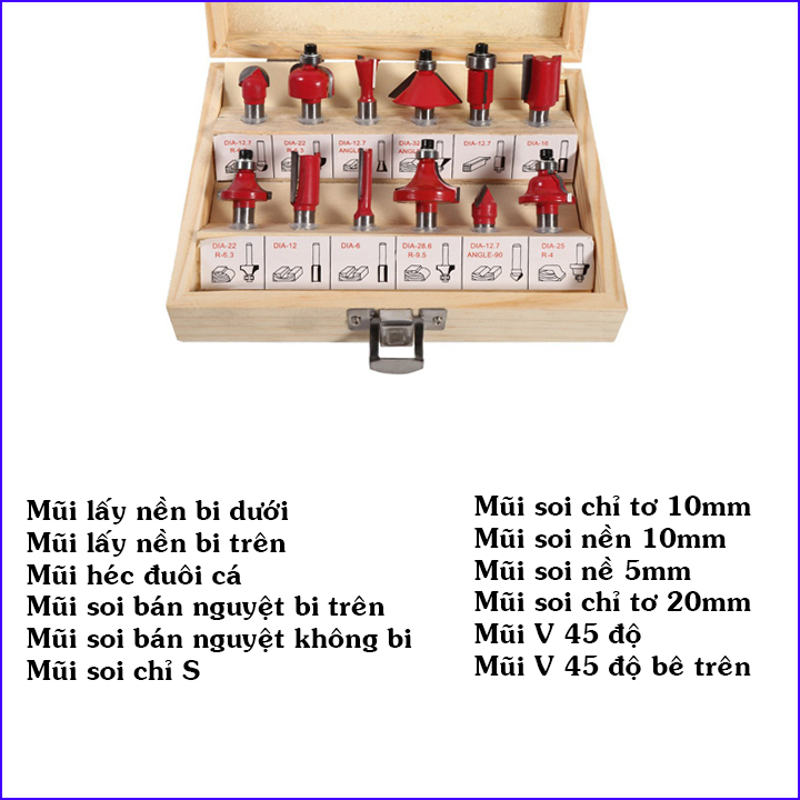 Mũi soi gỗ. bộ mũi phay gỗ 12 chi tiết loại cốt 12,7mm