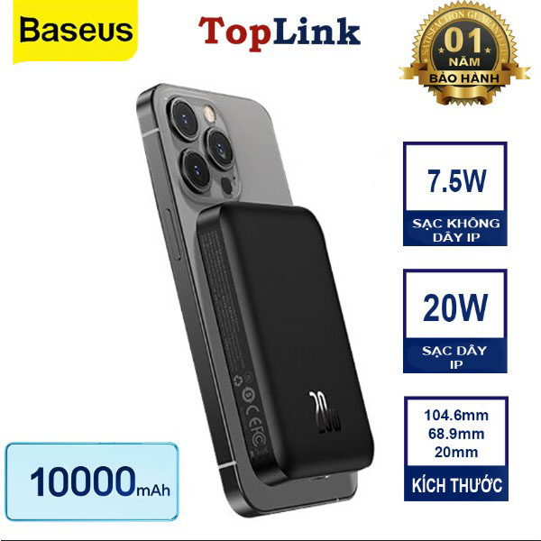 Pin sạc dự phòng không dây từ tính baseus magnetic sạc dây 20w không dây 15w cho iphone 12 13 14 - toplink