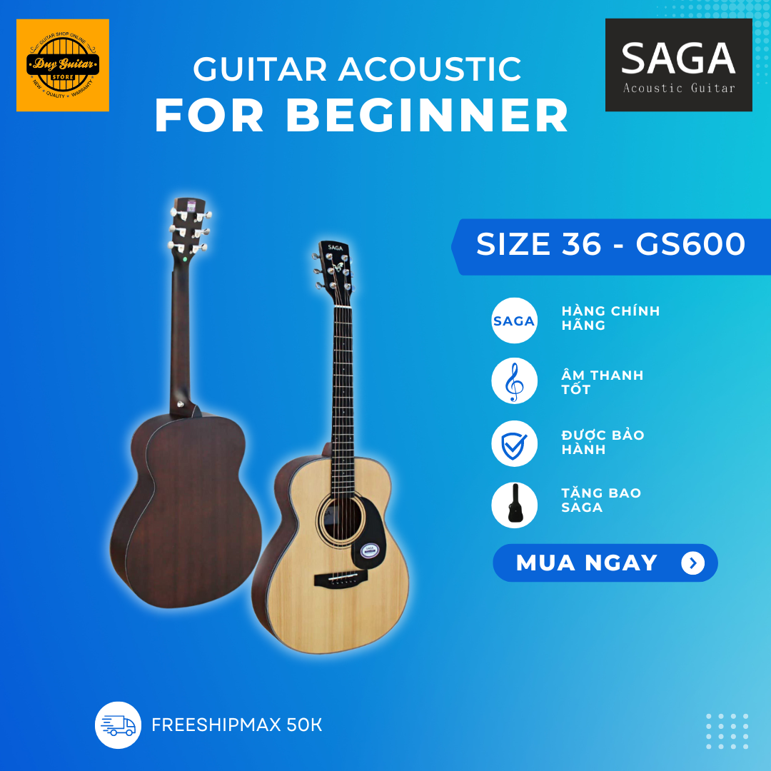Đàn guitar acoustic Saga dòng GS600 size 36 guitar mini 3 phần 4 chính hãng Duy Guitar Store phân phối