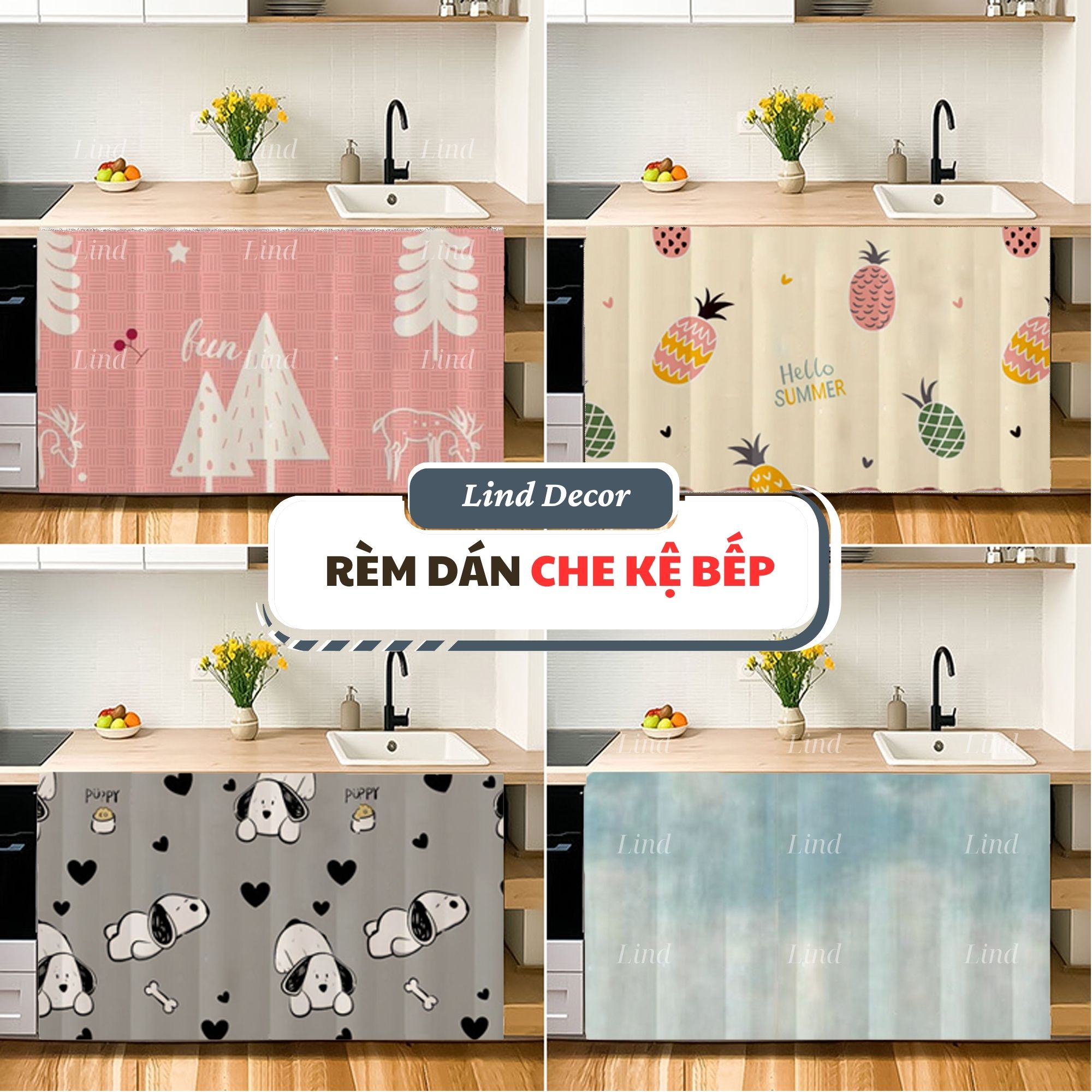  Rèm dán 1 lớp tủ bếp rèm che kệ bếp chống bụi nhiều kích thước vải in bền màu LIND HOM 