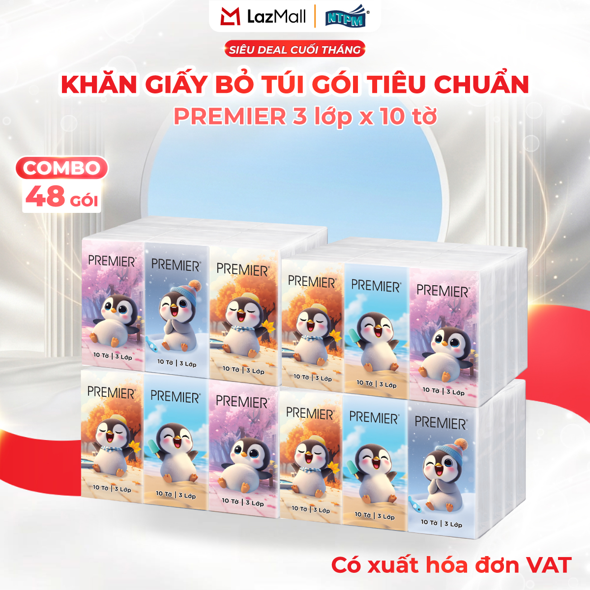[COMBO 4 LỐC] Khăn giấy bỏ túi đa năng PREMIER VinaTissue, 3 lớp - 100% bột giấy nguyên sinh, không chất tẩy, 12 gói/lốc – Chính hãng