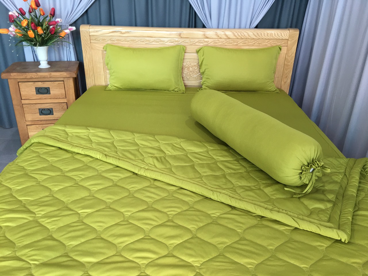 Bộ Ga Gối 4 Món Thun Lạnh Hàn Quốc Màu Xanh Bơ - Chăn Ga Gối Thun Lạnh Hàn Quốc