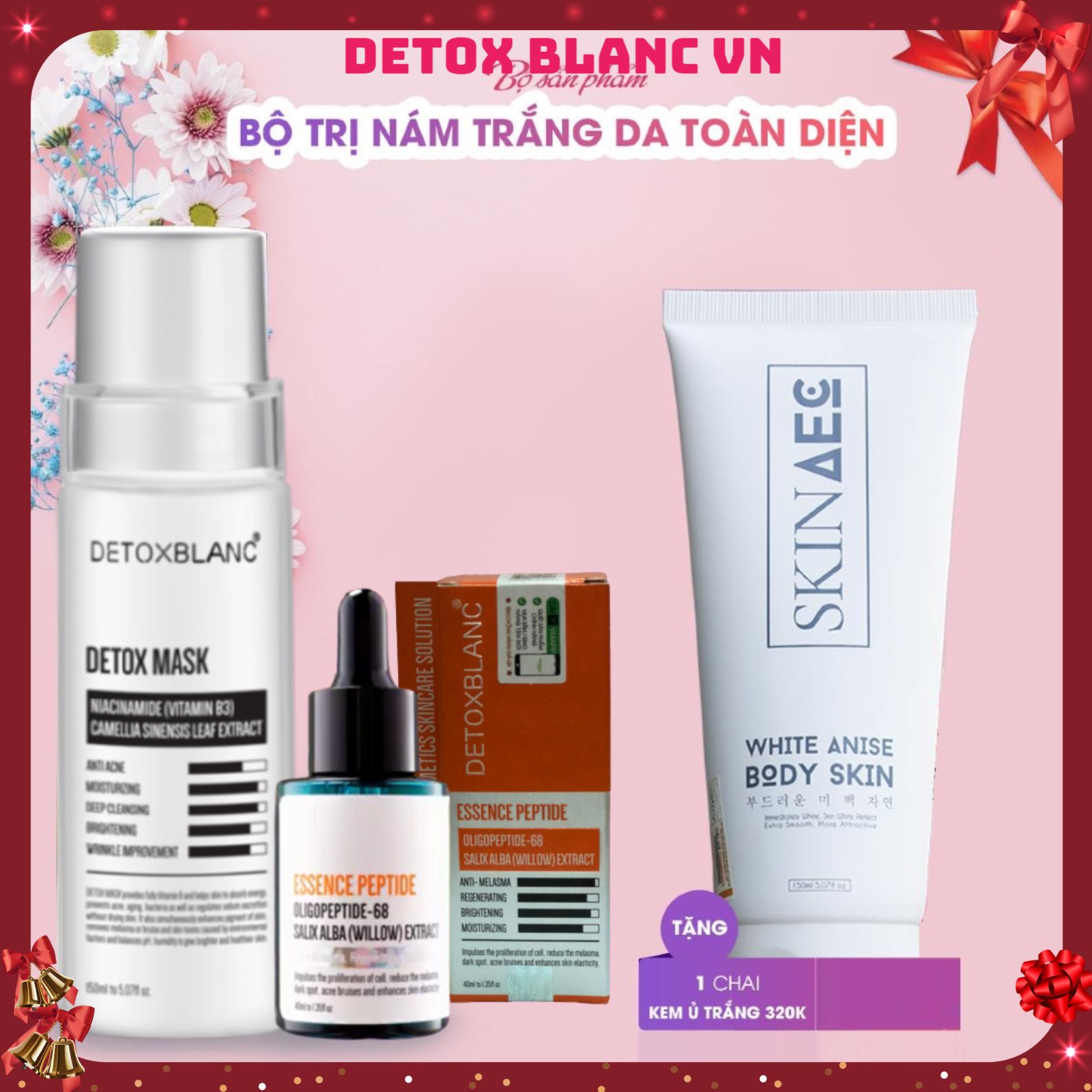 Combo xóa nám nám tàn nhang dưỡng trắng da detox blanc tặng kèm ủ kích trắng than hoạt tính skin aec 150ml
